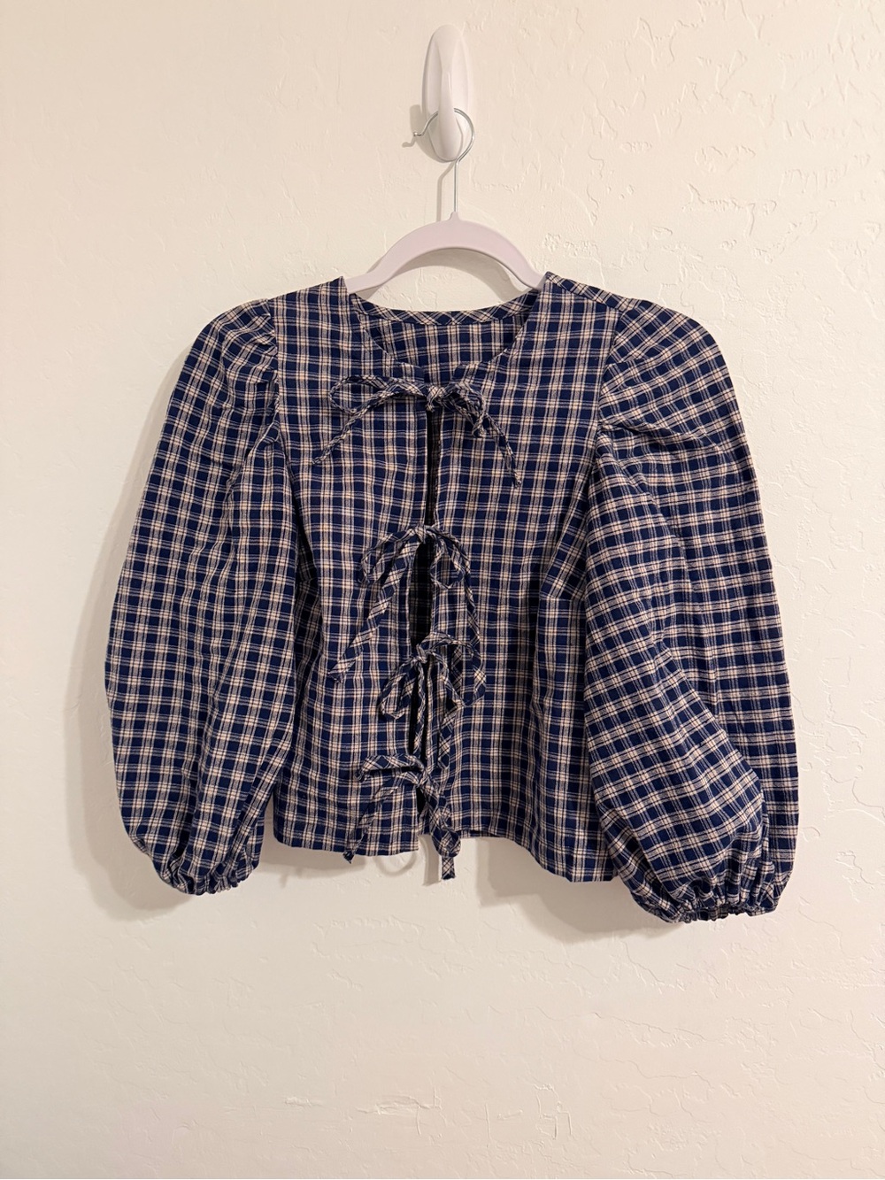 Handmade Navy Plaid Tie-Front Puff Sleeve Blouse Square Neck Top Size 0